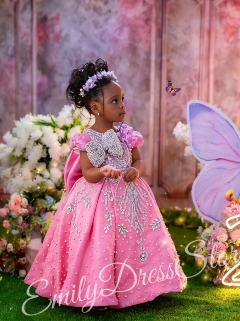 

Customized Pink Flower Girl Dress For Wedding Beaded Luxury Shining Puffy Princess Kids Birthday First Communion Ball Gown