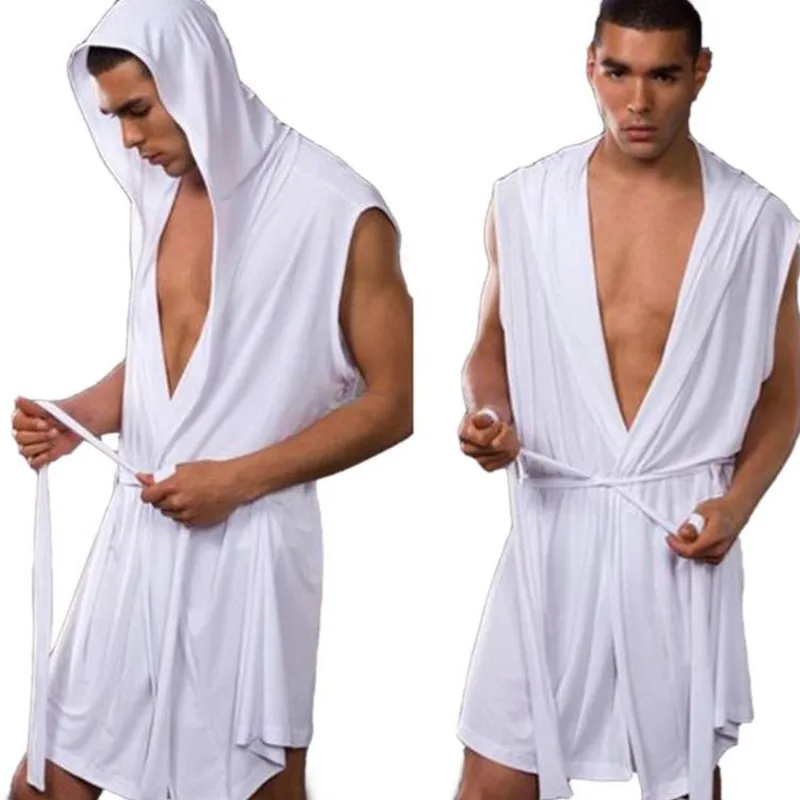 Summer Mens Sexy Hooded Robes Sleeveless Ice Silk Bath Robe Plus Size 4xl Men lounge kimono sleepwear Sexy Smooth Bathrobe Black