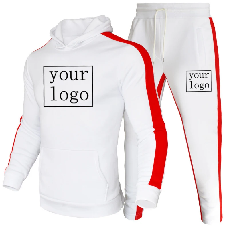 Make Your Design Logo Text Custom Hoodies 2 Piece Tracksuit Color Block Stripes Sportswear Men\'s Casual Winter Warm Jogging Suit