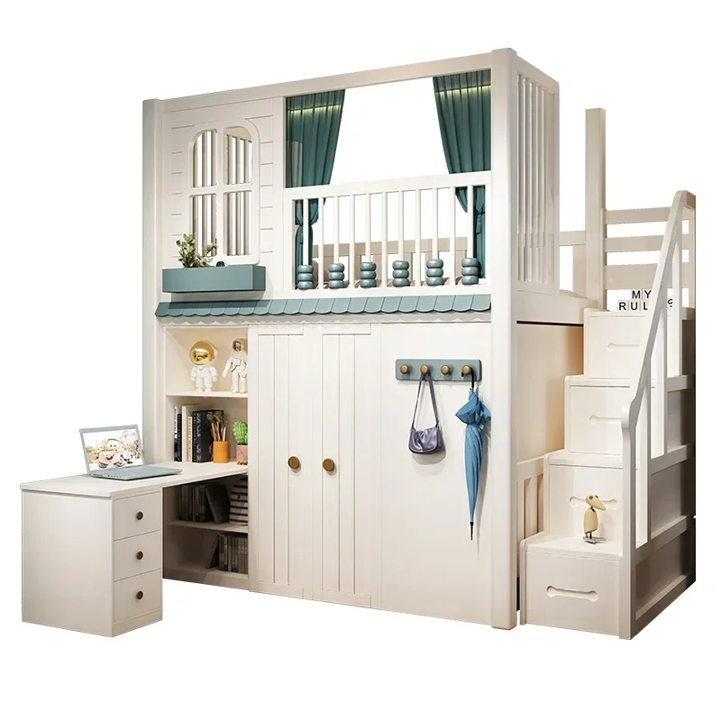 

All solid wood desk, wardrobe, empty overall walk-in children's wardrobe integrated small apartment combination bed
