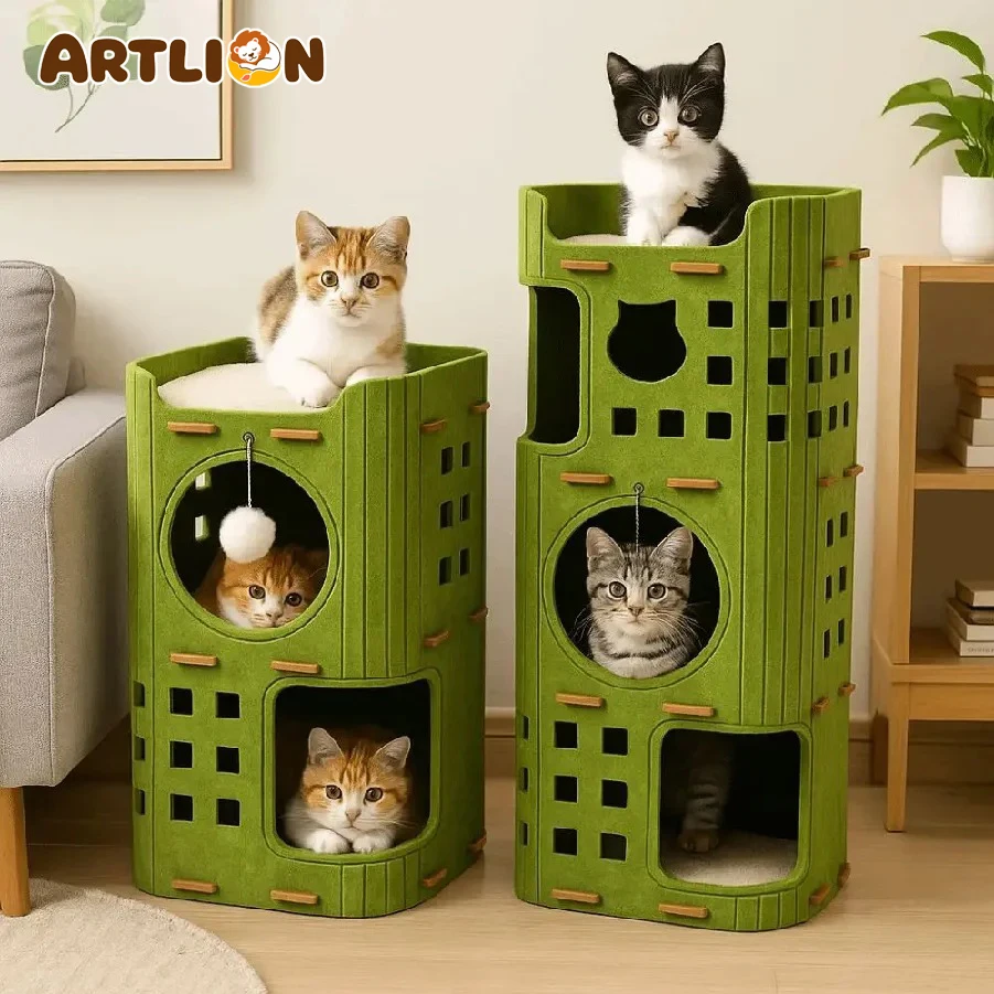 ARTLION Japanese Style 2 Floors/3 Floors Cat House All-in-one Cylindrical Cat Castle House Green with Holes Cat Bed Pet House