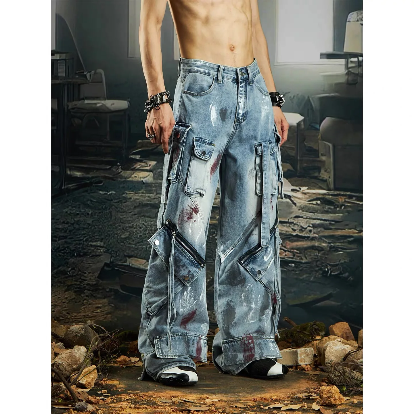

Gothic multi-pocket jeans, washed black jeans, men's and women's street hip-hop wide-leg pants, 2000s heavy industry drag pants