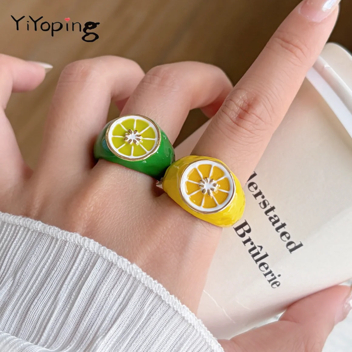 Fruit Slice Shape Open Ring, Female Niche Design Sense Sweet Personality Ring, Colored Lemon Wind Jewelry
