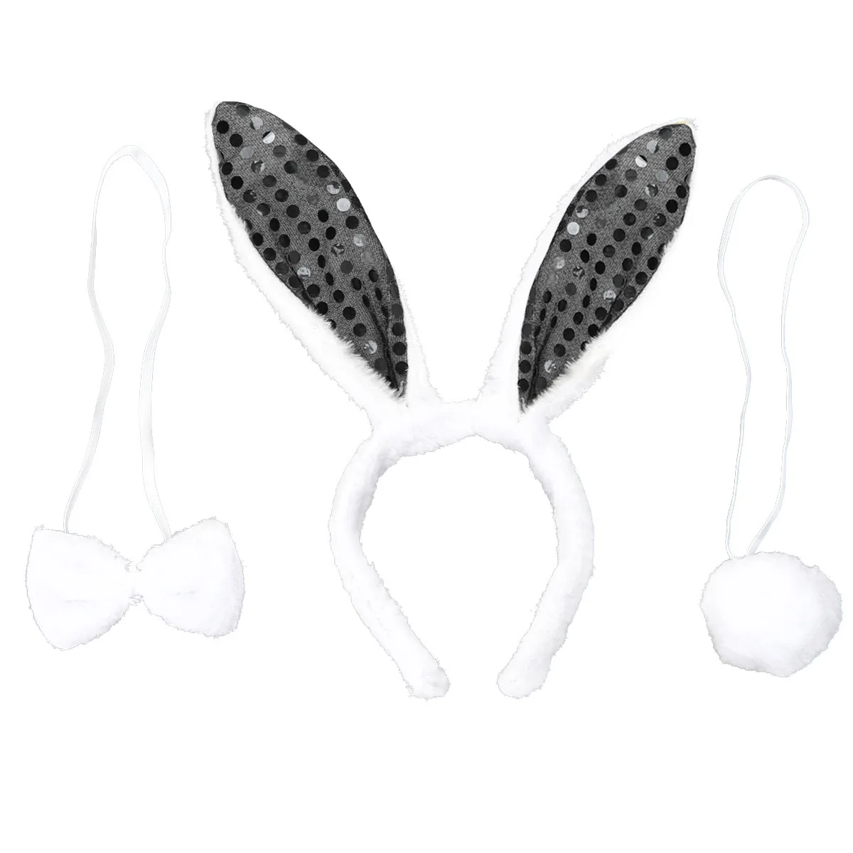 3개 세트 토끼 귀 머리띠 꼬리 나비넥타이 세트 어린이 생일 파티 의상 액세서리 검정 토끼 귀 머리띠 나비넥타이