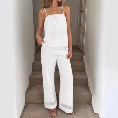 Women's Vacation 2 Piece Set Lace Trim Cami Top and Elastic Waist Wide Leg Pants Summer Casual Outfit