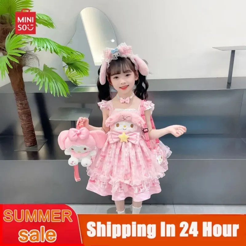 Miniso Kawaii My Melody Cinnamoroll Anime Children Dress Cartoon Lolita Princess Dresses Summer Party Sweet Girl Halloween Gifts