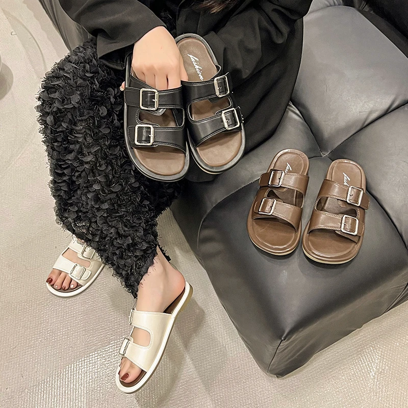 Summer Women\'s Slippers Nubuck Birkenstocks Woman Cork Slipper Casual Beach Double Buckle Sandals Non-slip Slides Shoes