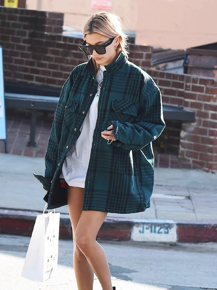 

Warm Cotton Shirt Hailey Autumn Winter British Style Green Plaid Casual Loose Women's Coat Thickened Long Sleeve Stand Collar