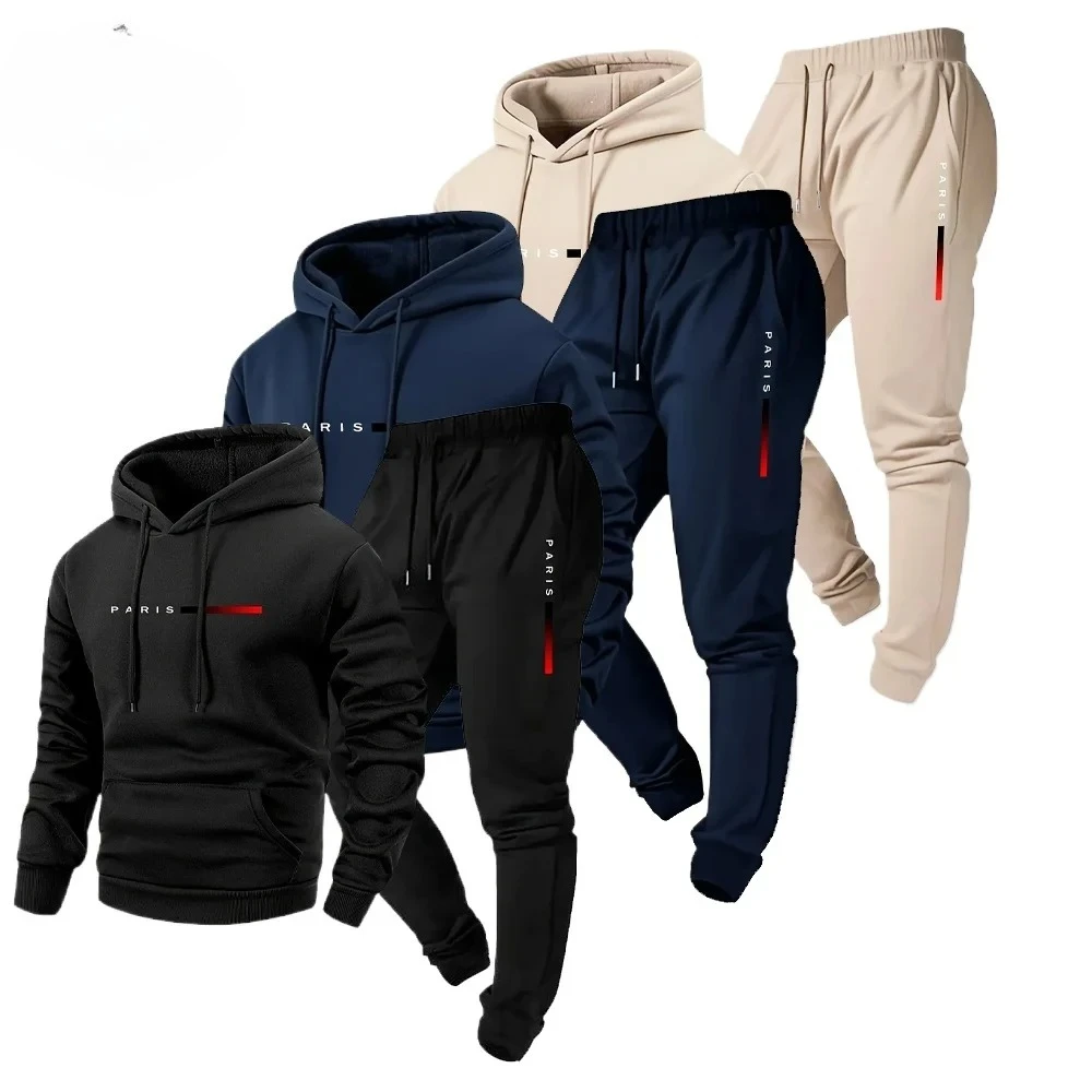 

Men's Fleece Warm Hoodies Sets PARIS Printing Tracksuit Autumn Winter Casual Hooded Sweatshirt Drawstring Pants Running Suit
