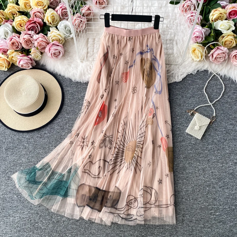 OCEANLOVE 2023 High Waist Skirts Women Print Mesh A-line All Match Mujer Faldas Korean Vintage Fashion Long Skirt Clothing 17449