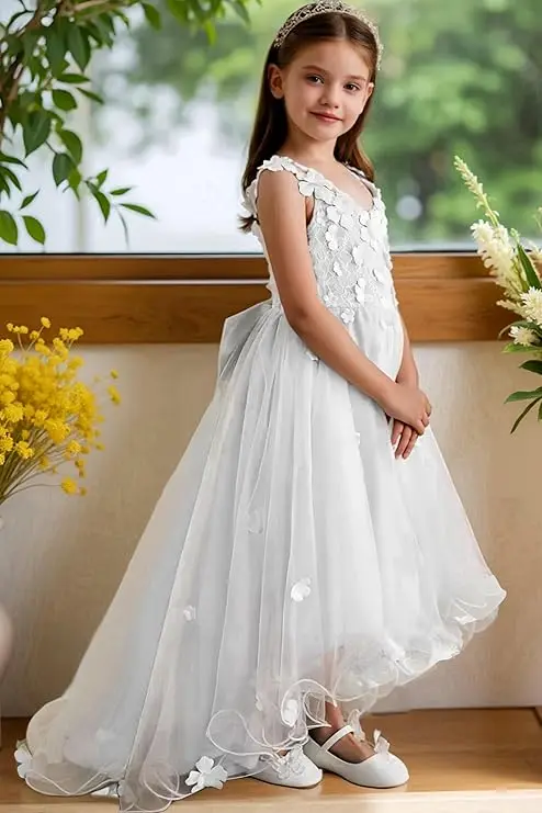 

Pink High Low Flower Girl Dress for Wedding 3D Applique Kids Formal Dress Spaghetti Strap Tulle Girls Pageant Dresses