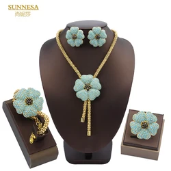 SUNNESA Luxury Rhinestone Dubai Jewelry Set for Women Green Flower Pendant Necklace African Clip Earrings Bracelet Rings Sets