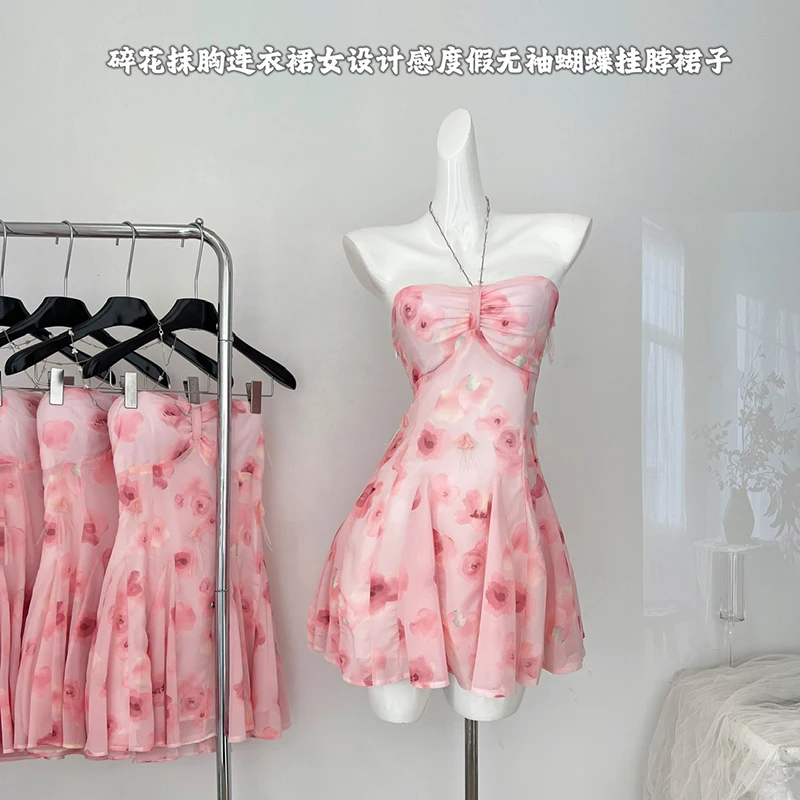 

2024 Summer Floral Print Halter Dress Women Sexy Vintage Sleeveless Mini Dress Holiday Party Chic Dresses