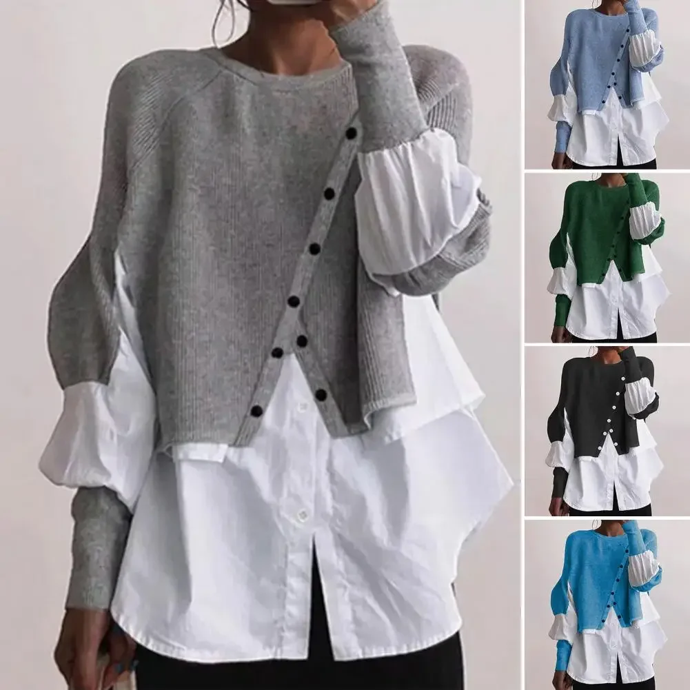 

Casual Female Office Autumn Irregular Button Shirts Women Sexy Splicing Crew Neck Knitted Pullover Long Sleeve Commuter Jumper