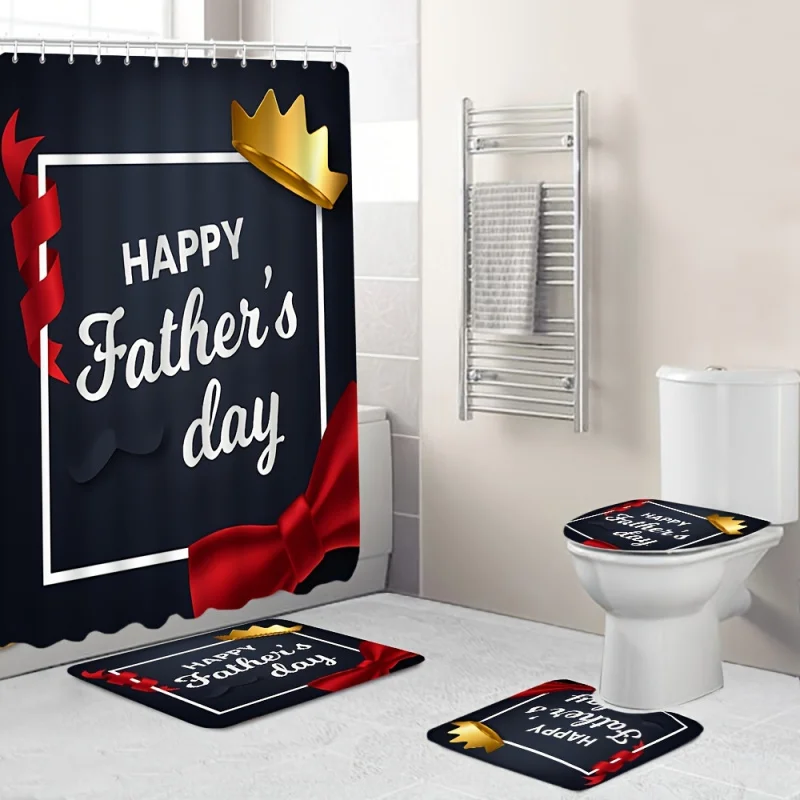 Father's Day Red Bow Tie Bathroom Set - Modern Fashion Shower Curtain with 12 Hooks, Non-Slip Absorbent Bath Mat, U-Shaped Toile