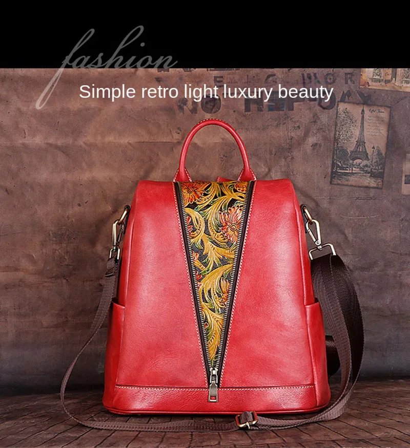 2024 new Chinese fashion personality women's bag retro first layer cowhide large capacity leather carved shoulder handbag E610