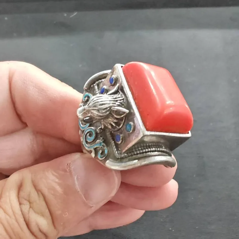 Antique Ethnic Wolf Head Enamel Ring Unisex Rectangle Red Stone Vintage Wide Band Scroll Pattern Unisex Statement Finger Jewelry