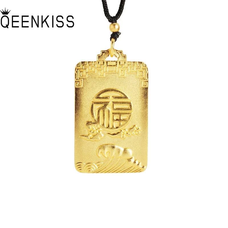 

QEENKISS Vintage FU RUYI Everything Fine Gold Necklace Pendant For Women Men Wedding Party Birthday Christmas Father Gift PT5116