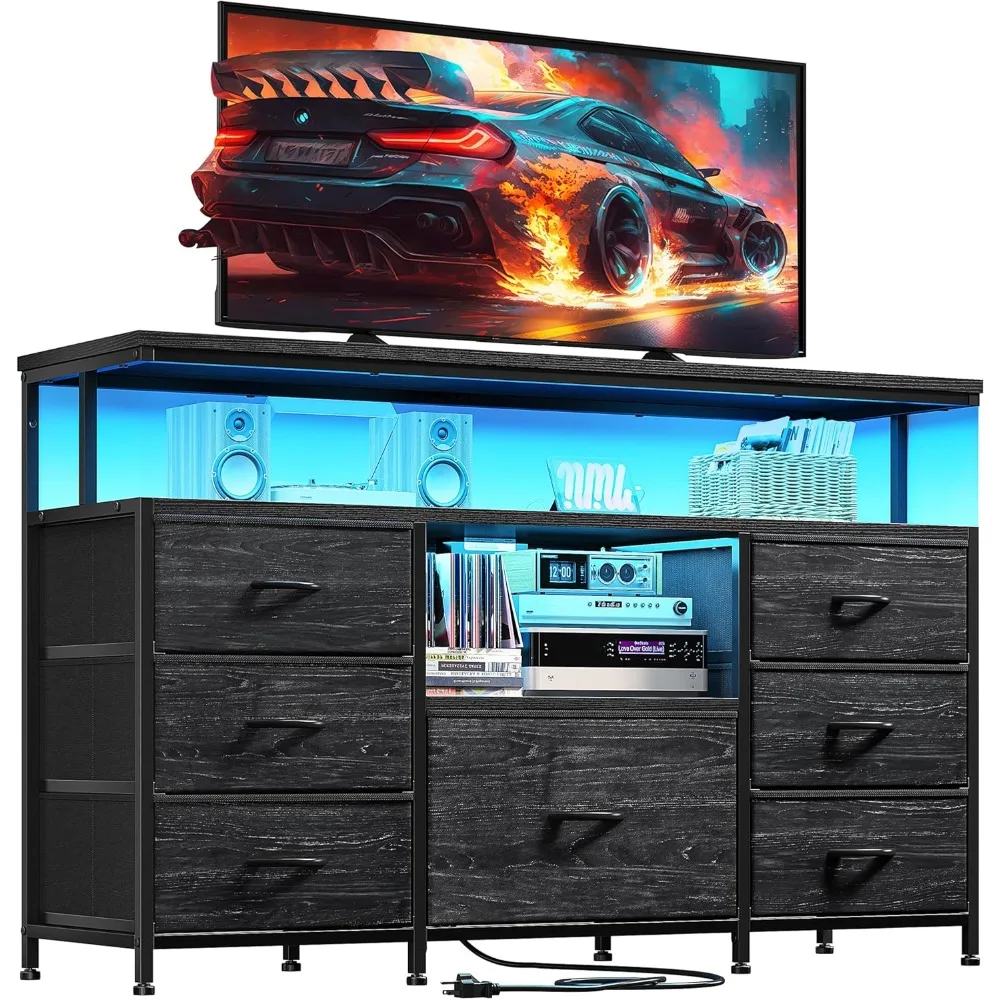 

TV Stand for Bedroom with LED Lights & Power Outlets, for 55" TVs Stand Dresser with 7 Fabric Drawers and Wood Shelves, TV Stand