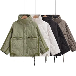 Original Turtleneck Cotton Jacket Military Green Splicing Wave Pattern Pocket Fashion Jacket Autumn and Winter Women's Jacket