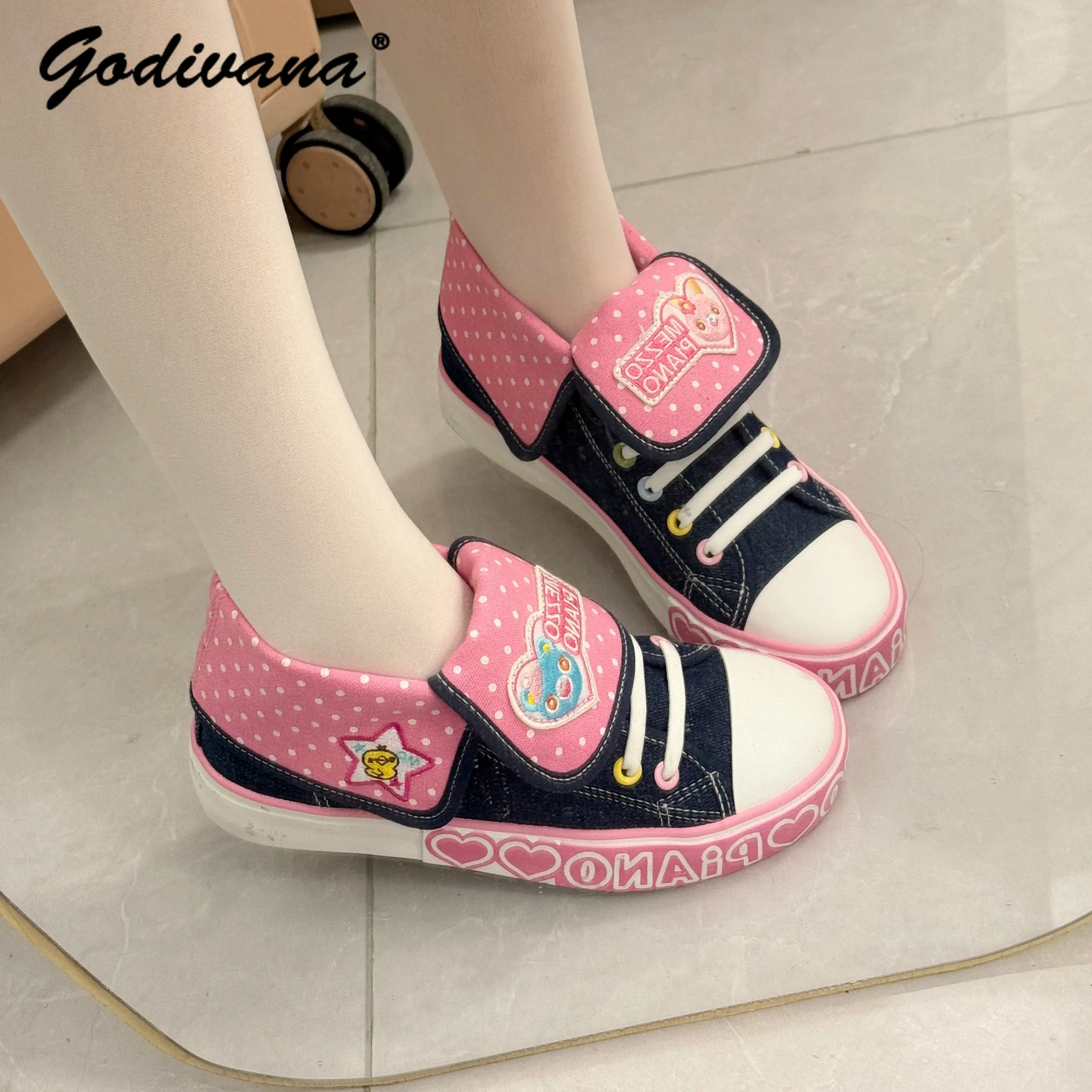 Student Girls Kawaii Canvas Shoes New Spring and Summer Japanese Style Cartoon Embroidered Denim Canvas Shoes Pumps view 5