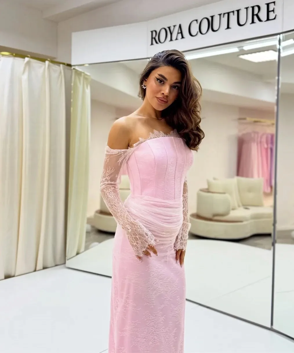 Elegantes rosa Abschlussball-Partykleid 2026, schulterfrei, lange Ärmel, Falten, Spitze, Meerjungfrau, Abend, Geburtstag, formelle Kleider, Robe De Sorie