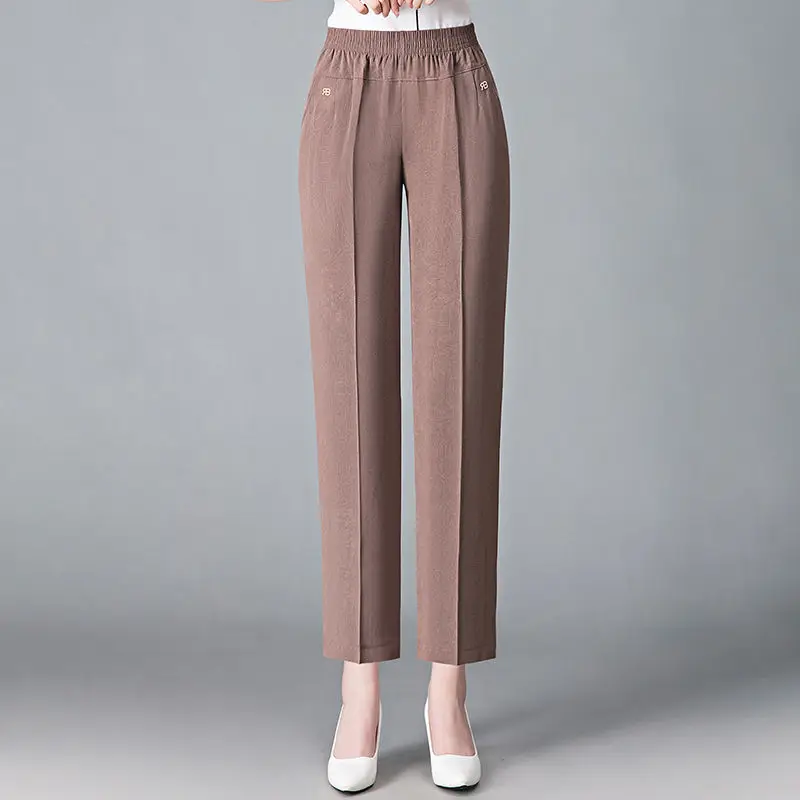 Vintage Loose Straight Pants Spring Summer Thin Women Streetwear Office Lady Casual Elastic High Waist Cropped Trousers 5XL