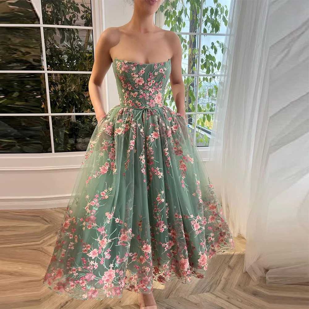 Sevintage Exquisite Embroidery Lace Appliques Tulle Prom Dresses Sleeveless Tea-length A-Line Pleat Ruched Evening Gowns 2023