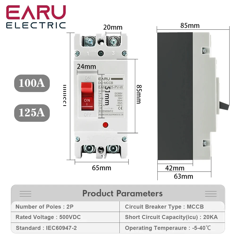 DC 250V 500V DC Solar Molded Case Circuit Breaker MCCB Overload Protection Switch Protector for Solar Photovoltaic PV 100A 125A