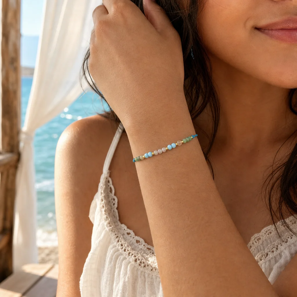 1pc Women's Bohemian Multicolor Round Crystal Beaded Strand Bracelet with Lace-Up Closure for Summer Beach Style