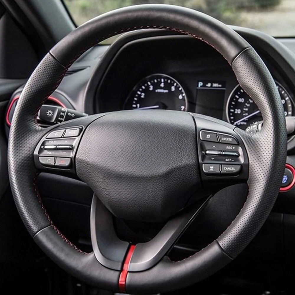 DIY Hand-stitched Black Artificial Leather Car Steering Wheel Cover For Hyundai Veloster 2019 i30 2017-2019 Elantra 2019