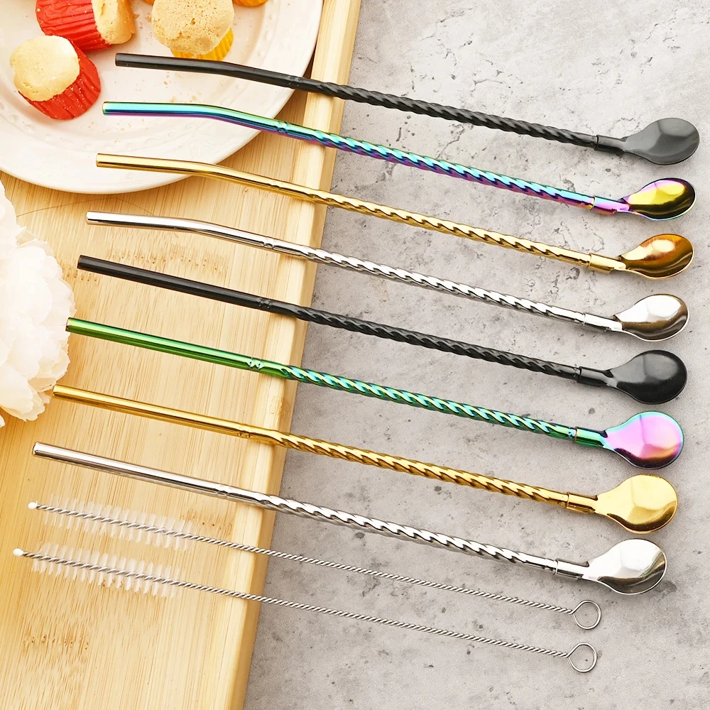 6Pc Silver Stainless Steel Straw Spoon Set Reusable Metal Straw with Brush Mixing Stirring Straw for Smoothie Drinking Accessory