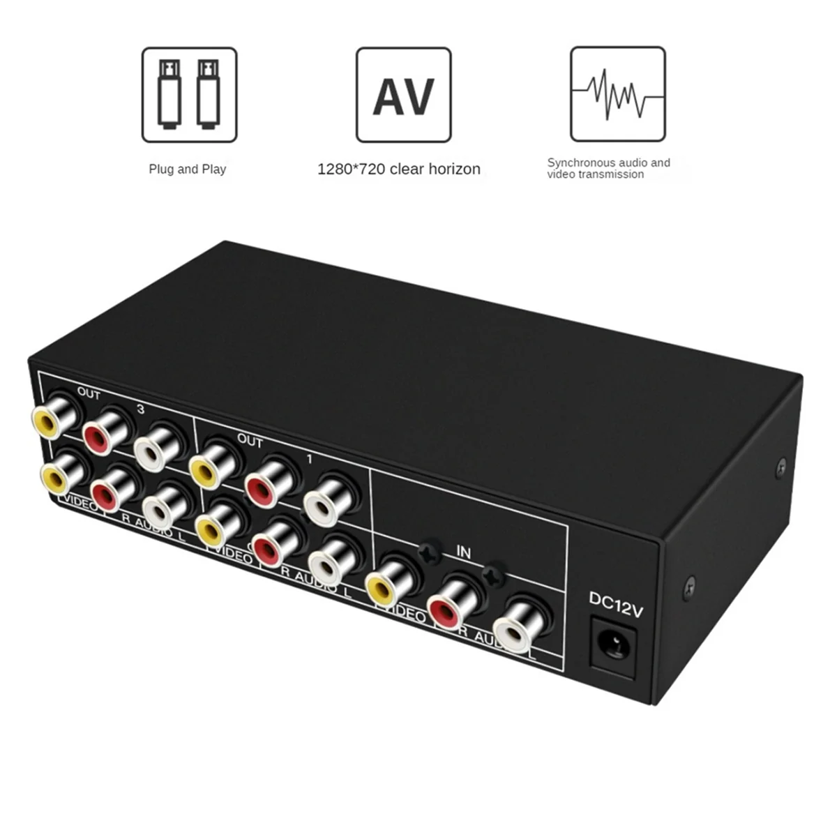 4-Way AV Splitter 1 ใน 4 Out คอมโพสิต RCA AV Splitter 1X4 วิดีโอเสียง RCA Splitter จําหน่ายสําหรับ DVD C-VBS EU Plug