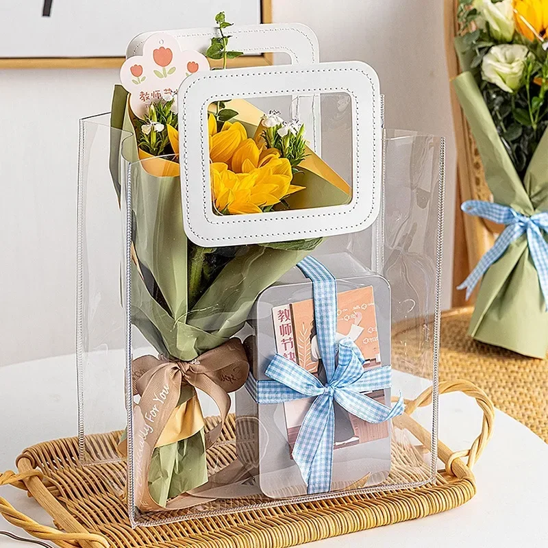 6Pieces Transparent Gift Bags Cookie Candy Boxes PVC Material Wedding Tote Bags Flower Boxes Packaging Festival Supplies