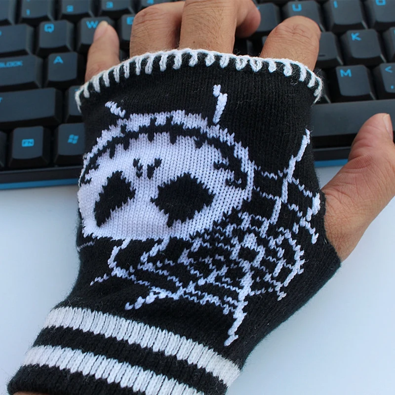 Halloween Cosplay Spider Web Gloves Women Gothic Knitted Fingerless Mittens Hip Hop Skull Half Finger Gloves Streetwear