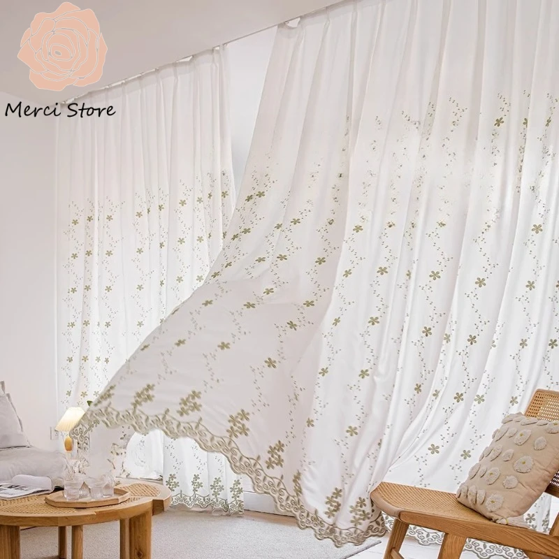 

Nordic Embroidered White Gauze Curtains for Living Room Bedroom Window Partition Finished Window Veil Thermal Drapes Custom