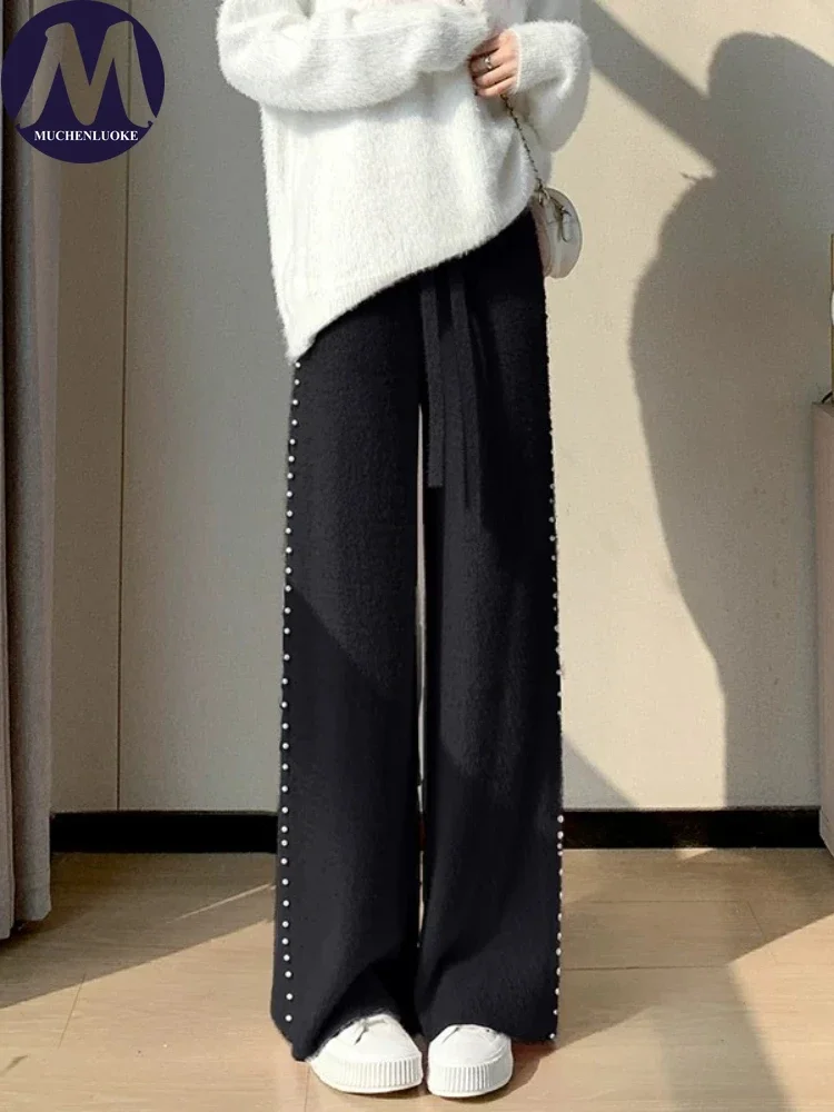 กางเกงผู้หญิงกางเกงถักขนเทียมขนมิงค์ MODE Korea ใหม่กางเกงลำลองทรงหลวมอบอุ่นกางเกงผู้ชายขาสามส่วนใหม่สำหรับฤดูใบไม้ร่วงและฤดูหนาว