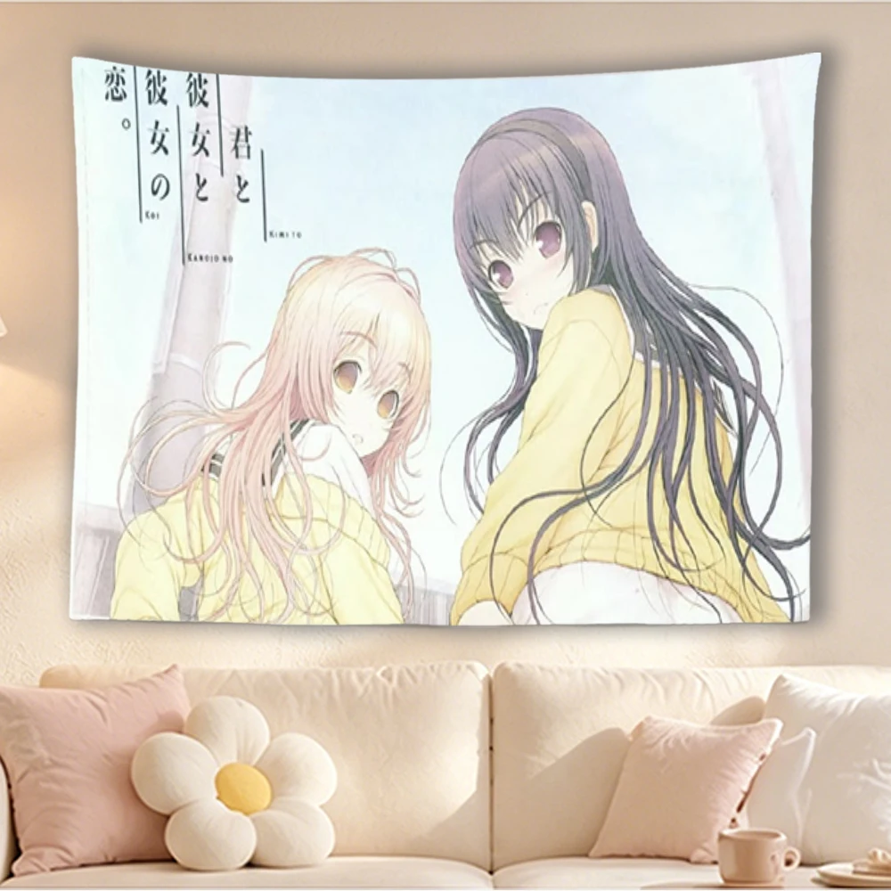 YOU and ME and Her Anime Tapestry Two Girls Yellow Sweater Light Blue Background Wall Hanging Otaku Bedroom Dorm Decor Gift