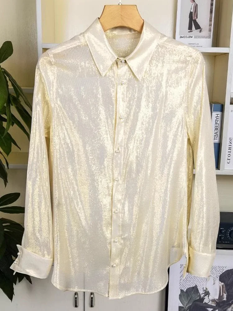 

Ele Повседневная шифоновая блузка со сверкающим дизайном, простая осенняя длинная блузка 925, модная утягивающая женская блузка