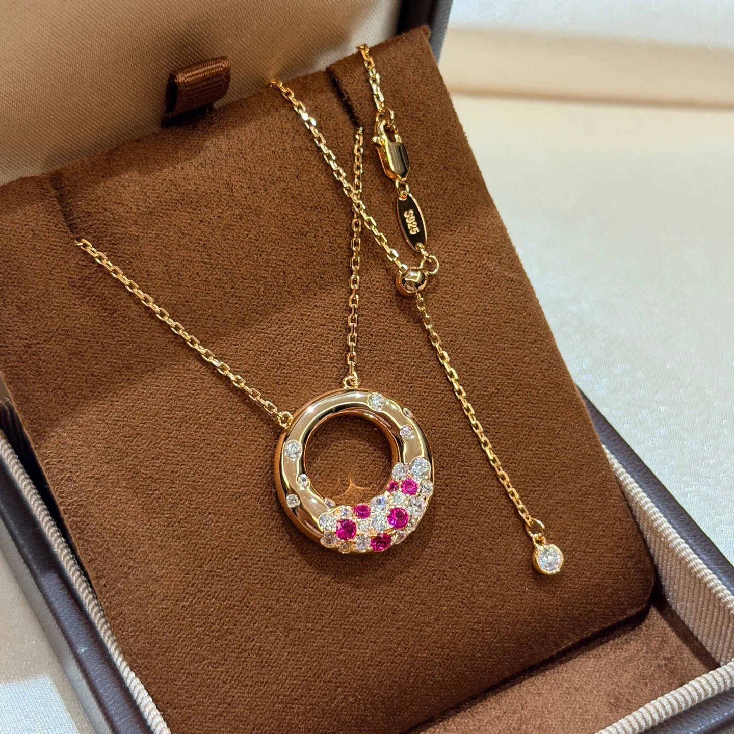 100% 925 Sterling Silver Rose Gold Pave Pink AAA Zirconia Doughnut Pandent Necklaces For Women Fine Jewelry