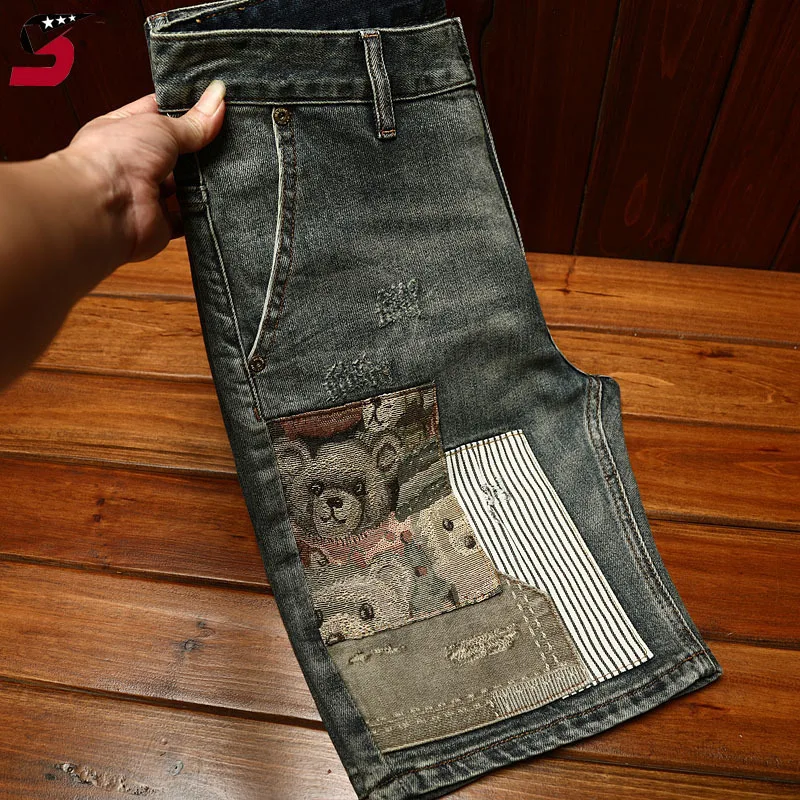 

2024summer high-end patch embroidery denim shorts for men stretch fashion slim-fit trendy Korean casual cropped pants