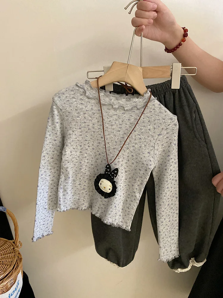 Girls Suit 2024 Autumn New Childrens Wear Korean Baby Girls Wooden Ear Edge Floral Bottom Coat Lace Casual Pants Two-piece Set image 5