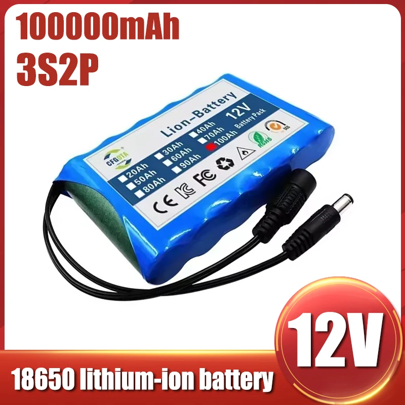 12V 100000mAh 18650 high-quality lithium-ion battery with BMS lithium protection board, 3S2P battery pack