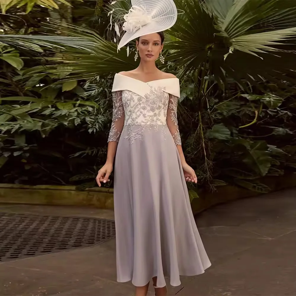 Customized Classy Women's Mother of the Bride Gowns Crepe Fabric A-line  Grey Off-the-shoulder Lace Ruched Groom's Mother Dress
