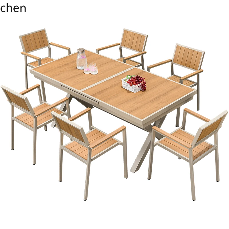 HXL outdoor tables and chairs courtyard leisure light luxury sun room terrace garden plastic wood telescopic tables and chairs