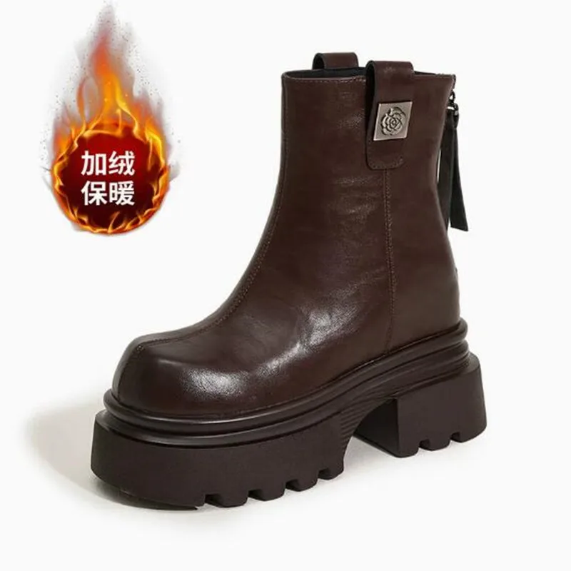 New 10cm Microfiber Leather Boots Winter Ankle High Booties Fashion ZIP Women Platform Wedge Autumn Chimney Plush Spring Shoes
