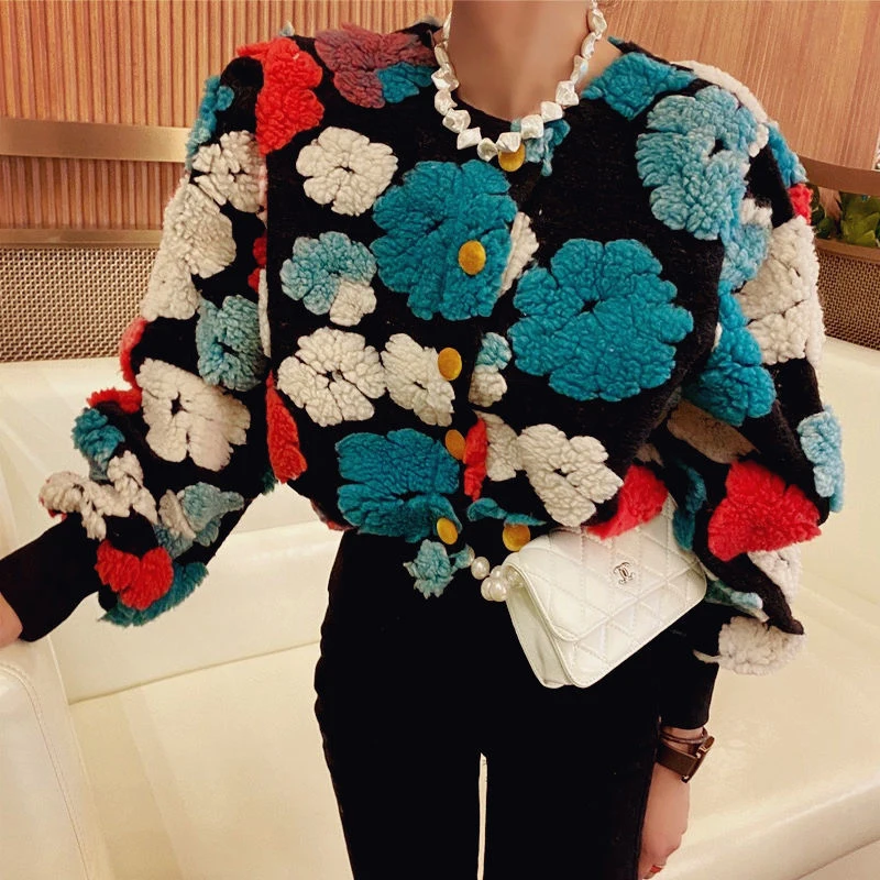 2023 Spring New Three-dimensional Flower Bubble Sleeve O Neck Plush Cardigan Short Warm Coat Tops Women Red Clothing