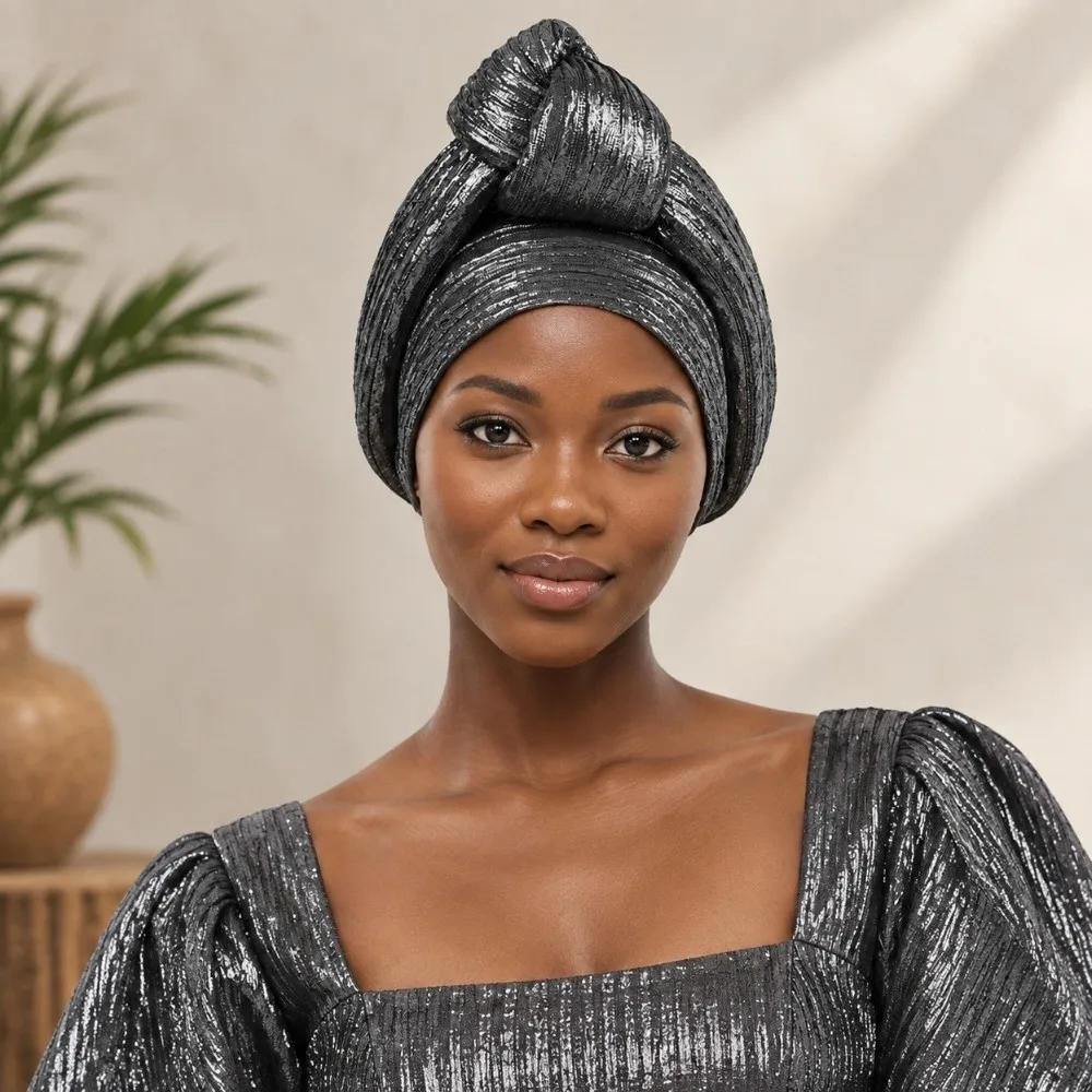 Shiny African Gele Headwrap Front Knot Polyester Nigerian Yoruba Turban Lightweight Traditional Style Elegant Headpiece