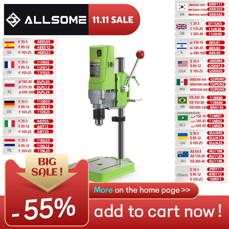 Allsome Bench Drill Press,Variable Speed Benchtop Drill Machine,6-Speed,Green