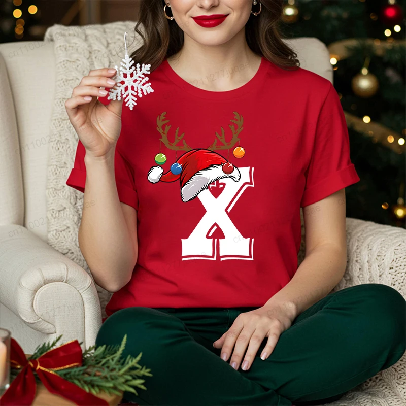 Christmas Letter A~Z Family Matching Tshirt Santa Hat Design Oversized Tee Christmas Xmas Party Family Couple Shirts Streetwear